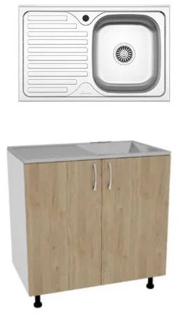 Set Masca Chiuveta Karo, Lemn Natural/Alb, 80 x 50 x 80 cm, Chiuveta Inox, Cuva dreapta