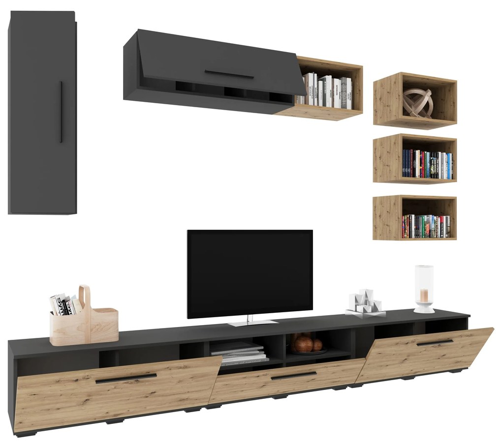Living Kos V5, Antracit/Stejar Artisan, L 285 cm