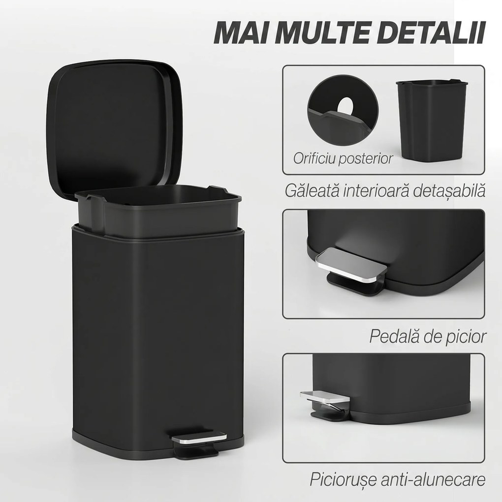 HOMCOM Coș de gunoi dreptunghiular cu pedală 20 L din metal, cu capac, găleată detașabilă, antiamprentă, negru | Aosom Romania