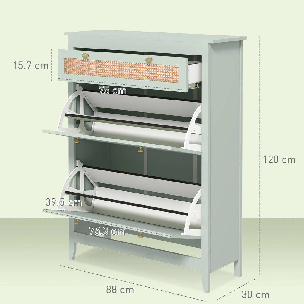 HOMCOM Sertar pentru 12 perechi de pantofi, cu 1 sertar extensibil, 2 sertare pliante, comodă pentru pantofi, 88 x 30 x 120 cm, Verde | Aosom Romania