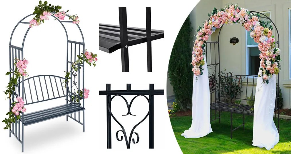 Arcada de gradina pentru flori cu banca, negru