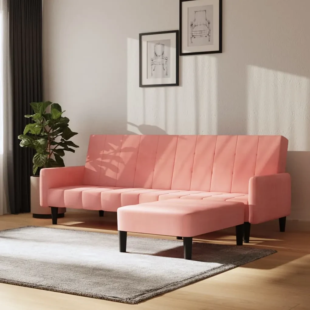 3080574 vidaXL Canapea extensibilă 2 locuri, cu taburet, roz, catifea