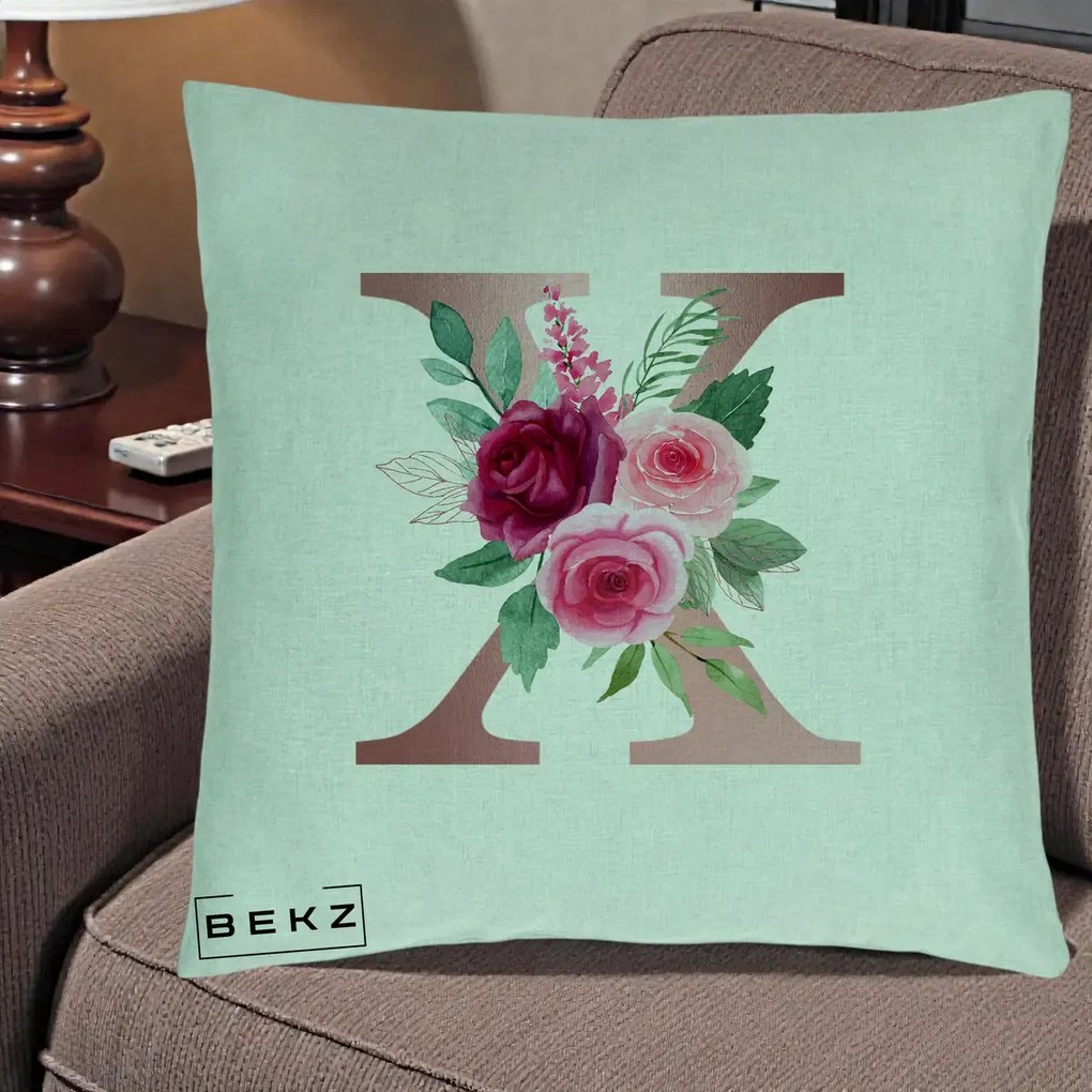 Cadou Personalizat - Perna Personalizata Monograma Rose Gold Litera X, 40x40 cm, Verde Menta, Husa Detasabila, Perna Inclusa, BEKZ®