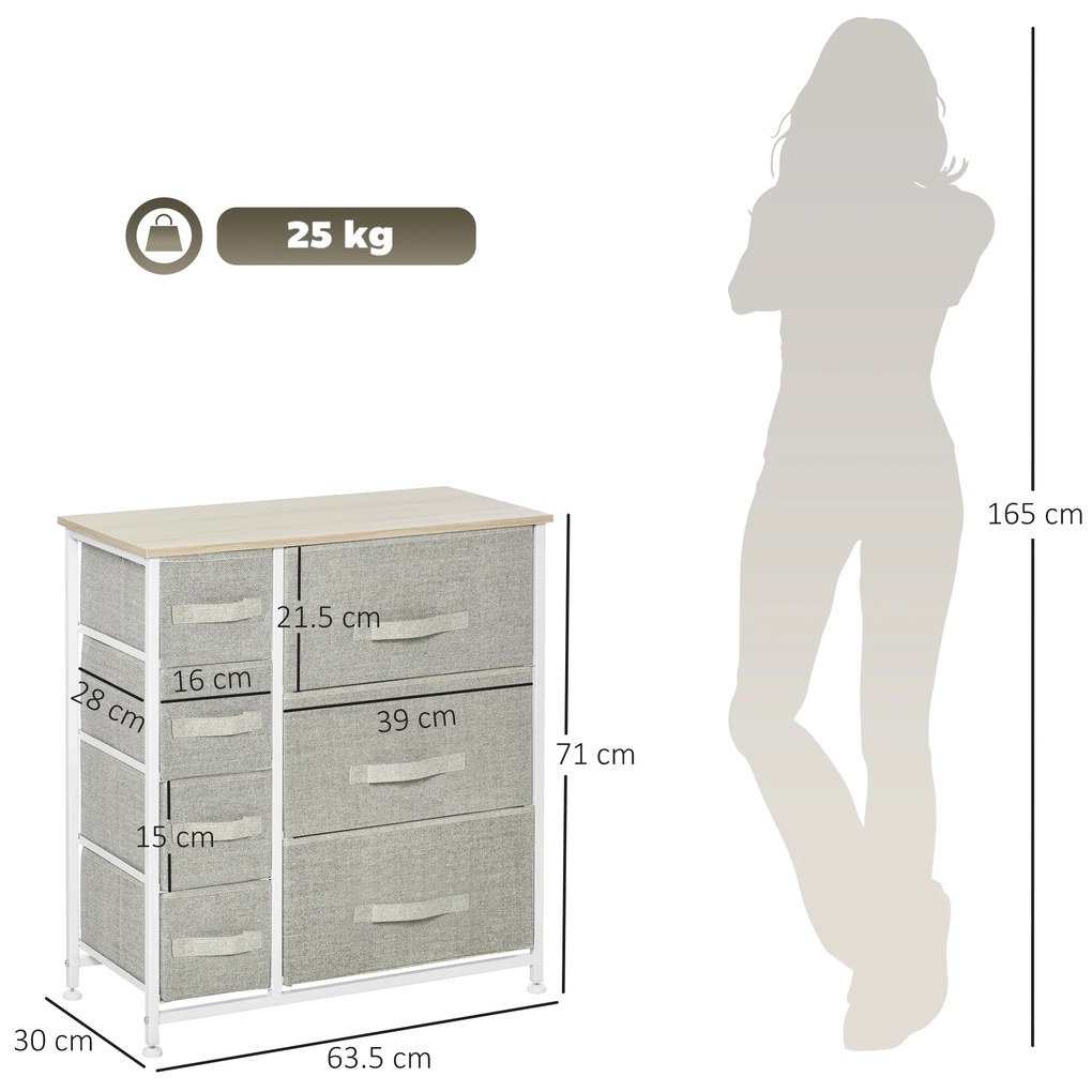 HOMCOM Sifonier 7 sertare din material textil, sifonier, mobilier de depozitare modern, cadru din oțel, 63,5 x 30 x 71 cm, gri | Aosom Romania