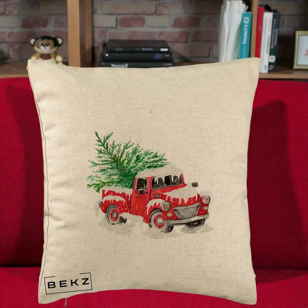 Perna Decorativa Camioneta Rosie Brad de Craciun, 40x40 cm, Bej, Husa Detasabila, Perna Inclusa, BEKZ®