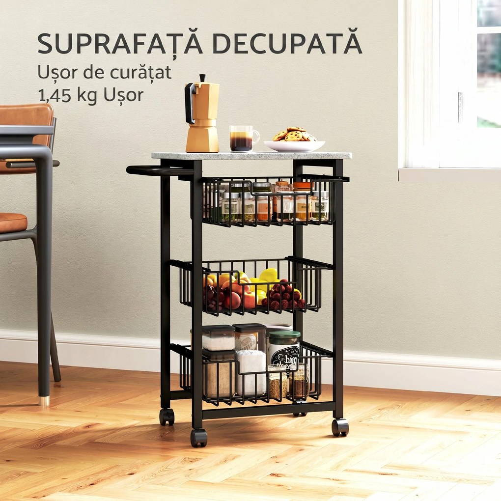 HOMCOM Cărucior de bucătărie cu 3 coșuri și mâner, din oțel și lemn, 49,5x31x69 cm, negru și gri deschis | Aosom Romania