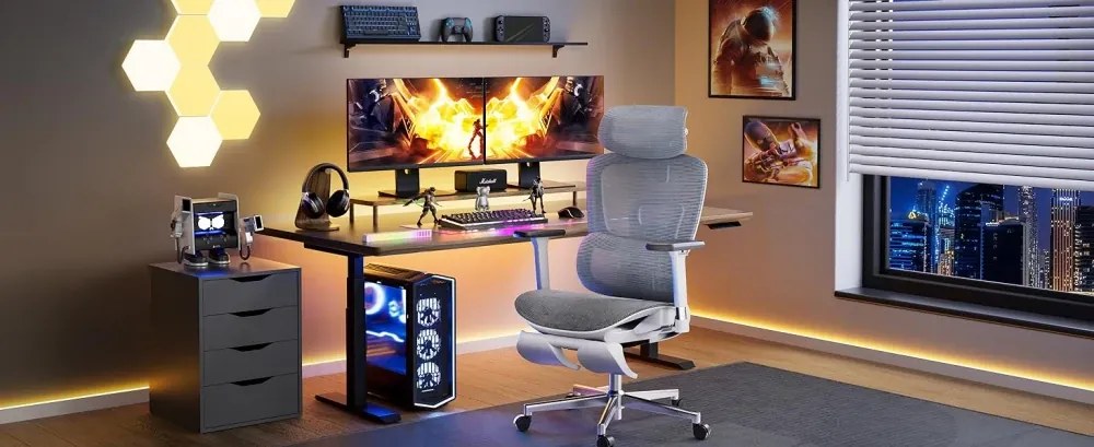 HBADA E2 Scaun ergonomic, cotiere reglabile 3D, suport lombar reglabil, spătar reglabil inaltime, pivotant, suport picioare, Gri