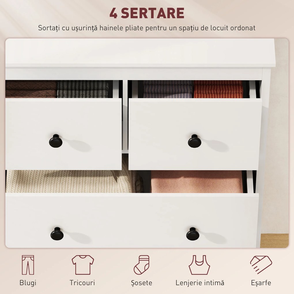 HOMCOM Comodă cu 4 Sertare pentru Dormitor din Lemn 74x35x97 cm Alb | Aosom Romania