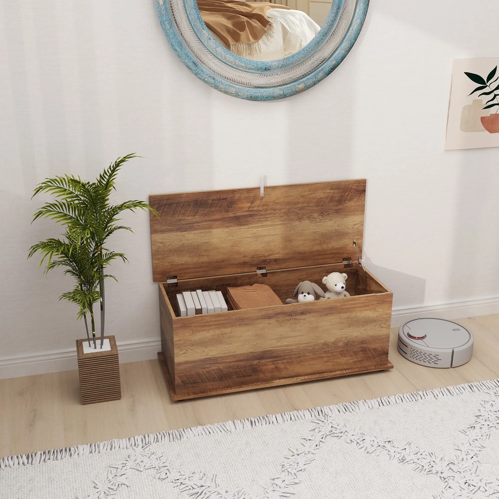 HOMCOM Cufăr de Depozitare pentru Interior 113L cu Capac Rabatabil, Cufăr Organizator pentru Living și Hol, Bancă cu Spațiu de Depozitare, Efect Lemn Maro | Aosom Romania
