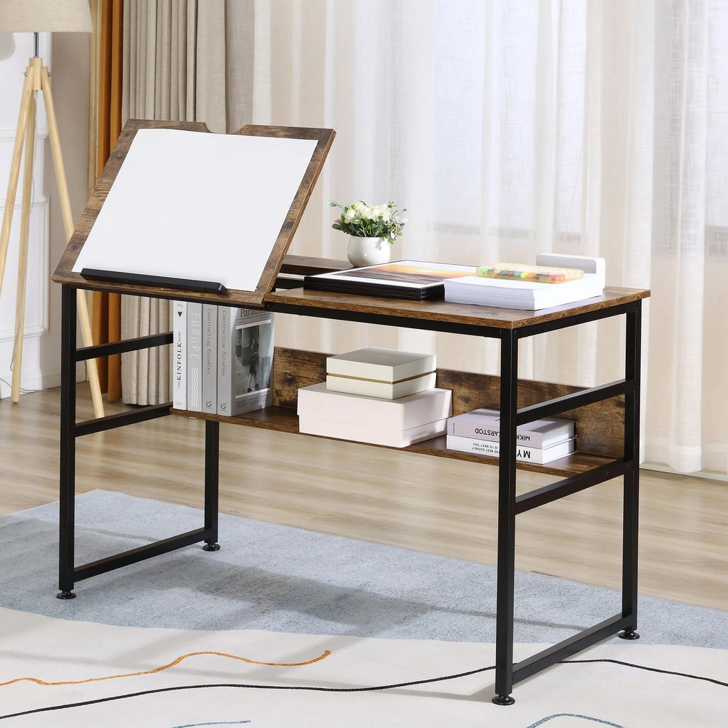 HOMCOM Masa pentru desen rabatabila pe 15 niveluri de la 0-70°, birou pentru camera si birou in stil industrial, 120x60x75cm, maro | Aosom Romania