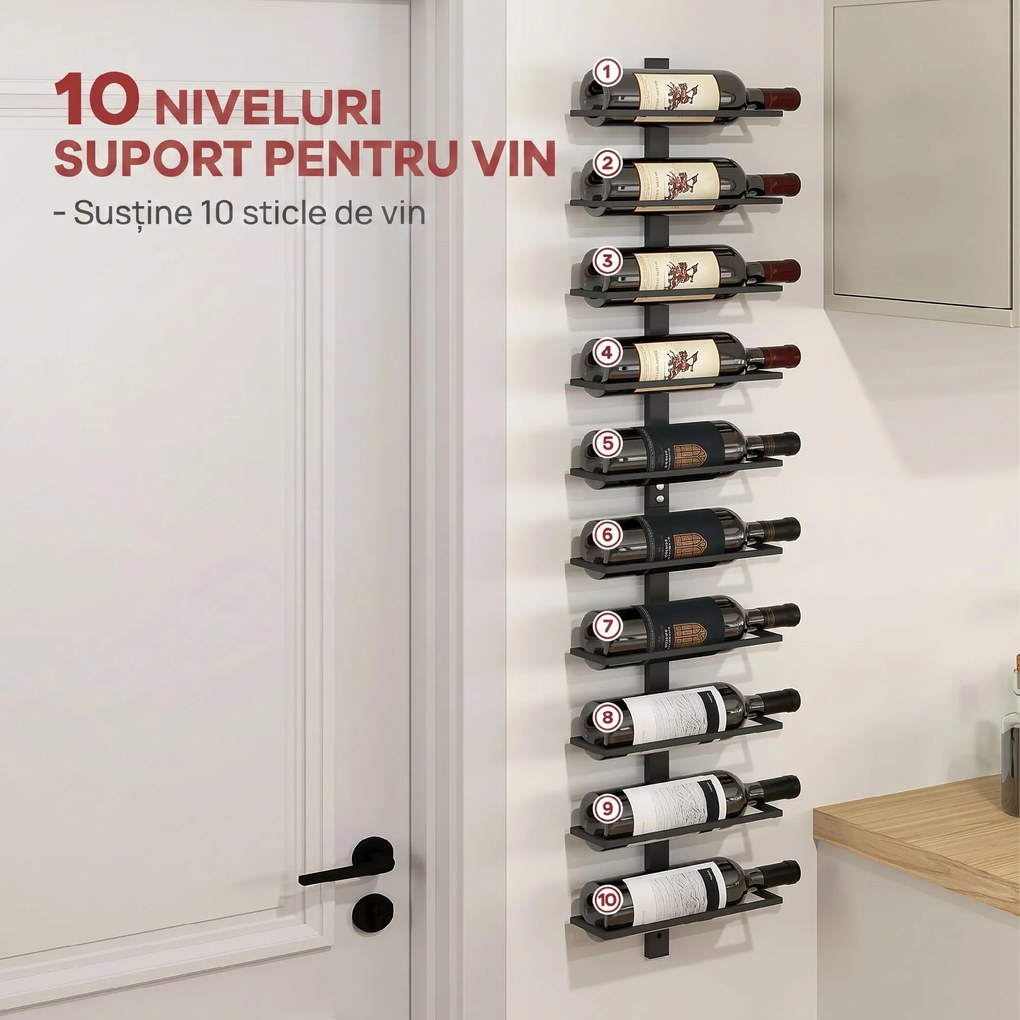 HOMCOM Suport pentru Sticle de Vin cu Montare pe Perete, 27x10x116 cm, Negru | Aosom Romania