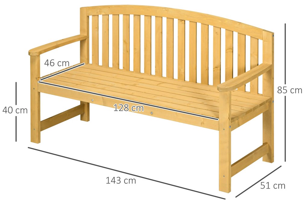 Outsunny Bancă din Lemn cu 2 Locuri, Spătar și Cotiere pentru Terasă, Verandă, Piscină, Balcon, 143x51x85 cm, Lemn Natural | Aosom Romania