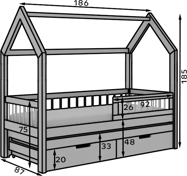 Pat pentru copii din lemn de pin cu sertare și spatiu pentru depozitare, Artes, ADRK Furniture (Culoare: Natural, Optiune modul: Fara saltea,