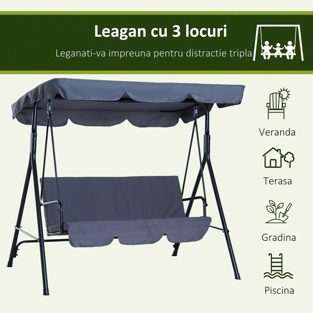Outsunny Leagăn de Grădină cu Acoperiș Parasolar Reglabil, Material Poliester Rezistent, Design Confortabil, Gri | Aosom Romania