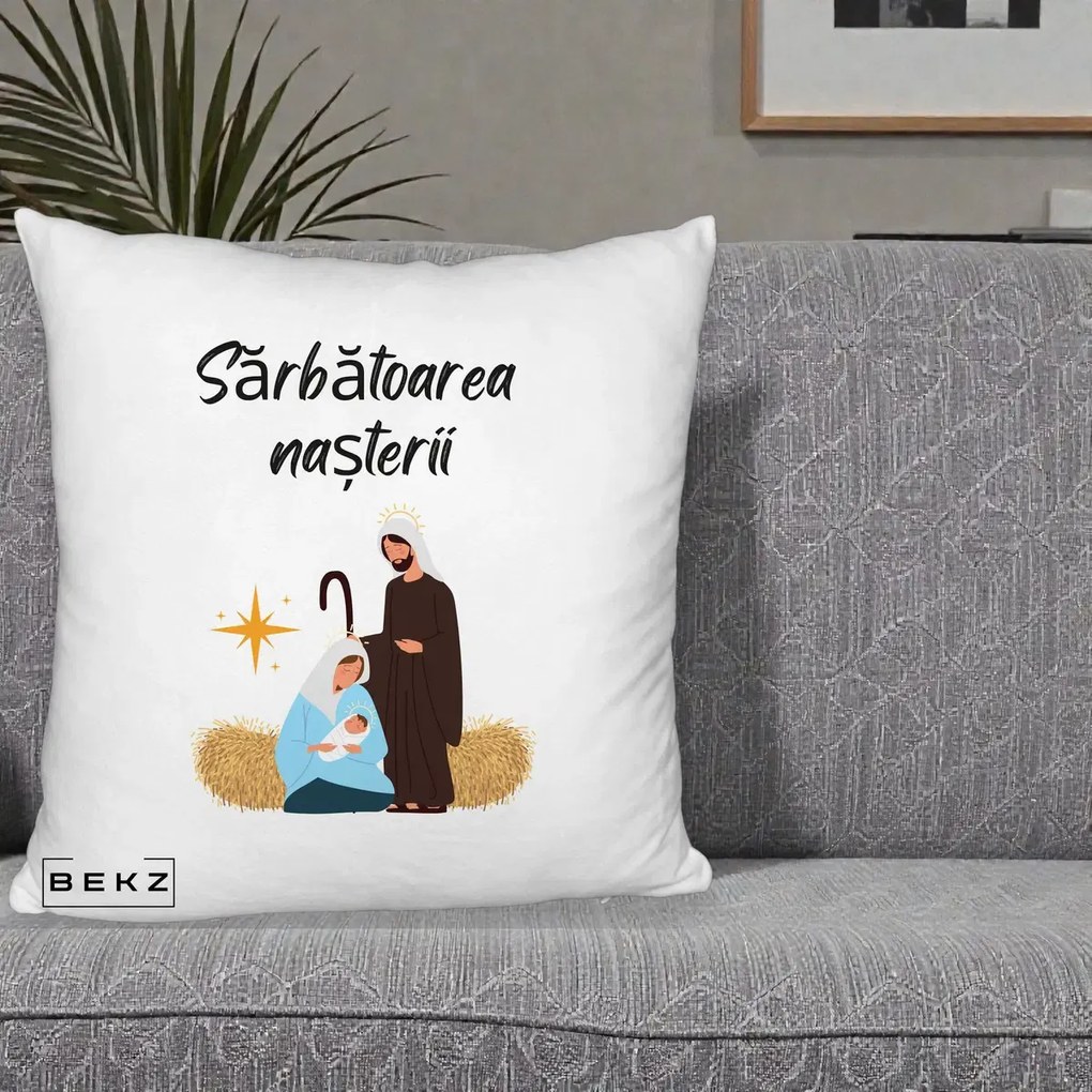 Perna Decorativa Nasterea Domnului Sfanta Familie Sarbatoarea Nasterii, 40x40 cm, Alb Pufos, Husa Detasabila, Perna Inclusa, BEKZ®