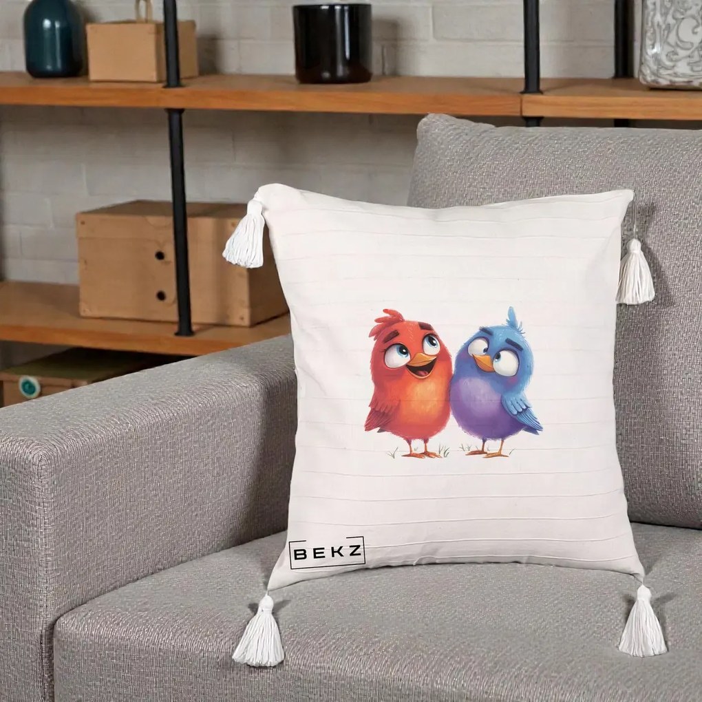 Perna Decorativa Pasarele Vesele Duo, 40x40 cm, Bej cu Franjuri, Husa Detasabila, Perna Inclusa, BEKZ®