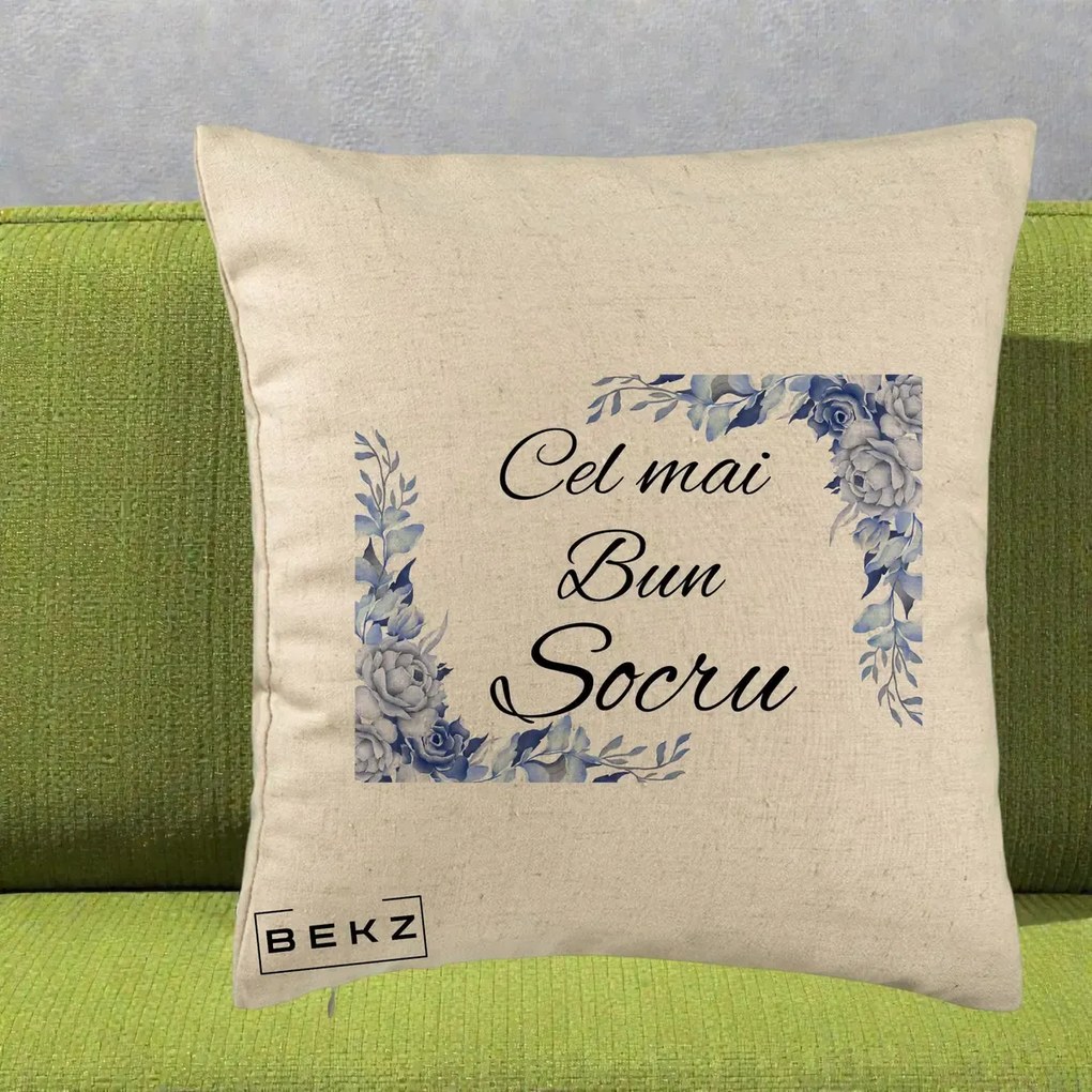 Cadou pentru Socru - Perna Personalizata Cel mai Bun Socru cu Flori Albastre Acuarela, 40x40 cm, Bej, Husa Detasabila, Perna Inclusa, BEKZ®
