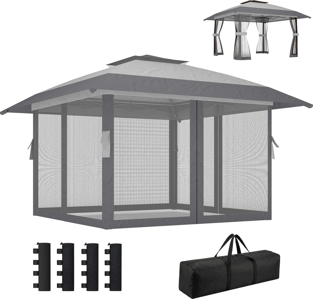 Outsunny Pavilion 4x4m Impermeabil Reglabil pe înălțime Pop-up Pavilion pliant cu dublu acoperiș 4 laterale din plasă, UV 30+Gri deschis | Aosom Romania