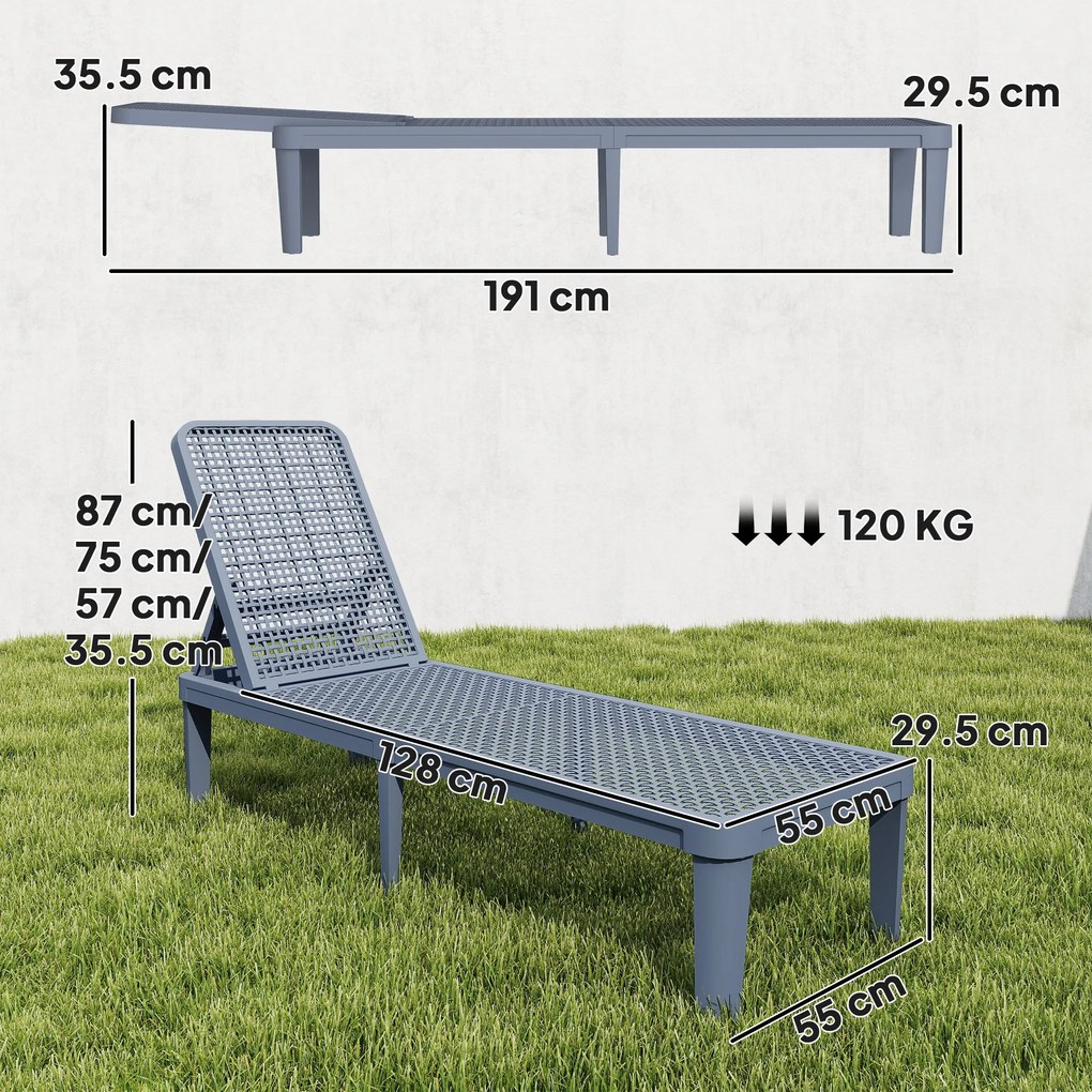 Outsunny Șezlong reclinabil de grădină exterior cu spătar reglabil în 4 poziții și cadru din PP 191x55x35,5 cm Gri închis | Aosom Romania