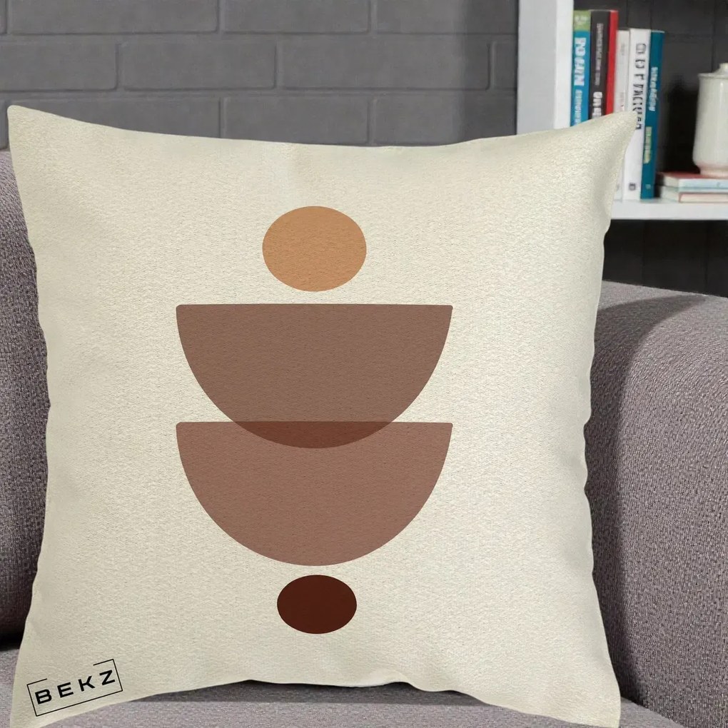 Perna Decorativa Geometric Boho Semicercuri Brun, 40x40 cm, Ecru, Husa Detasabila, Perna Inclusa, BEKZ®