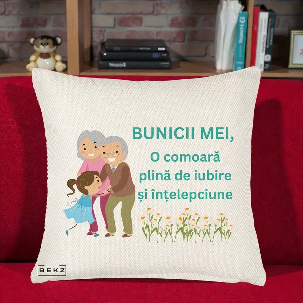 Cadou pentru Bunici - Perna Personalizata Bunicii Mei Comoara Iubire Intelepciune Nepoata, 40x40 cm, Crem Reliefat, Husa Detasabila, Perna Inclusa, BEKZ®