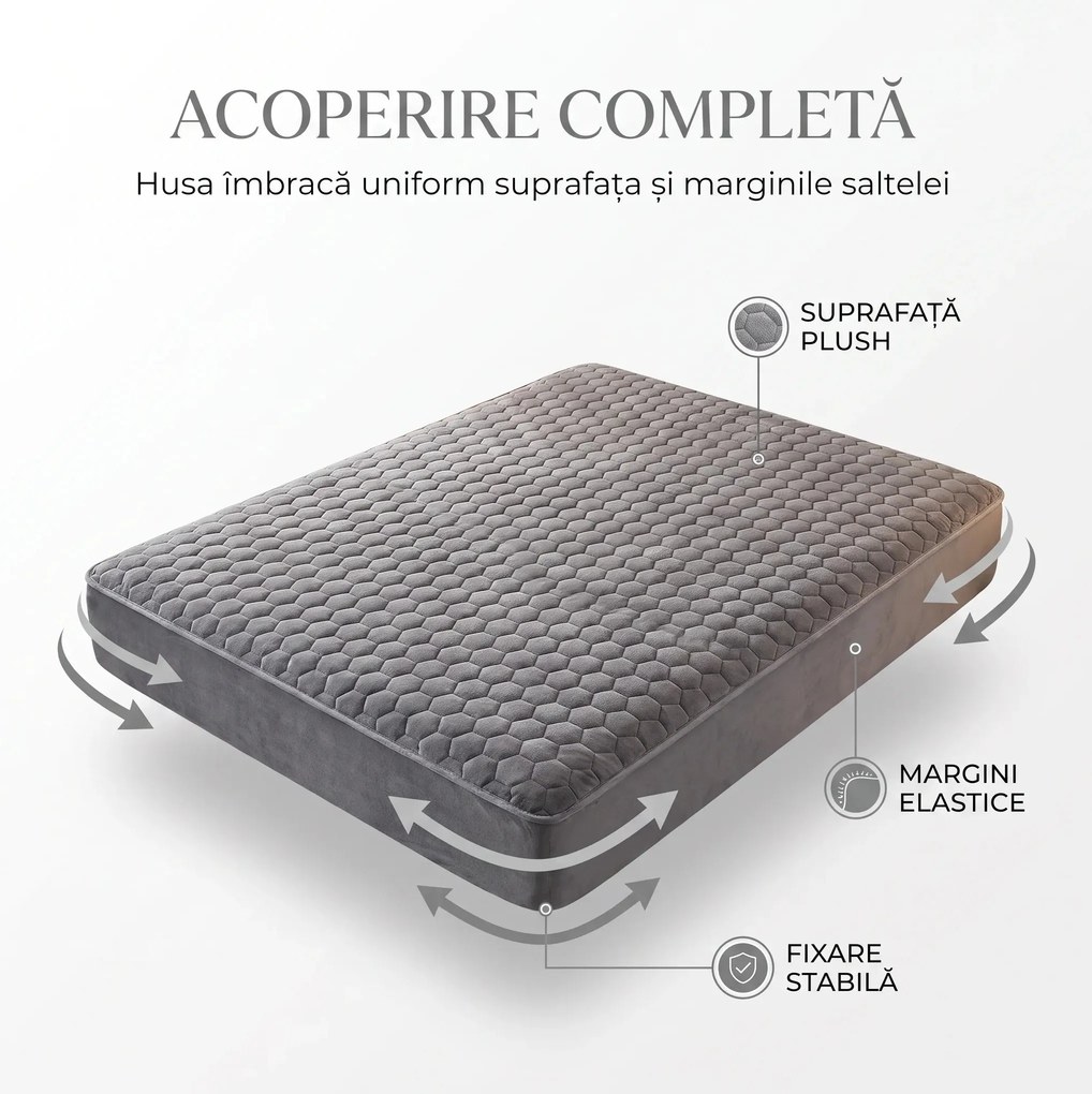 Set lenjerie de pat plusata, husa cu elastic si 2 fete de perna, Gri