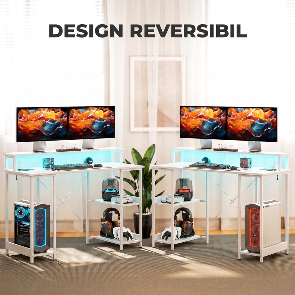 HOMCOM Birou pentru Computer Reversibil cu Rafturi, 120x50 cm, cu Prize și Lumini LED, Alb cu Efect de Lemn | Aosom Romania