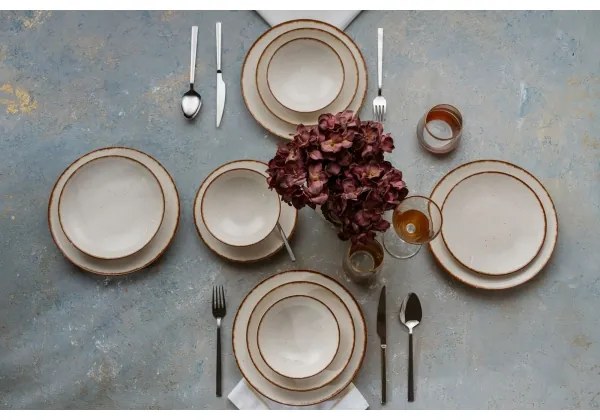 Set de veselă, 24 piese, porțelan, bej/maro