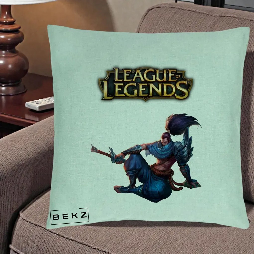 Perna Personalizata League of Legends Yasuo, 40x40 cm, Verde Menta, Husa Detasabila, Perna Inclusa, BEKZ®