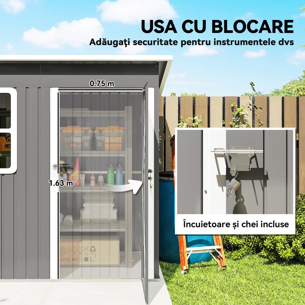 Outsunny magazie grădină căsuță de grădină pentru unelte cu ușă largă și fereastră, 221x133x190 cm gri închis | Aosom Romania