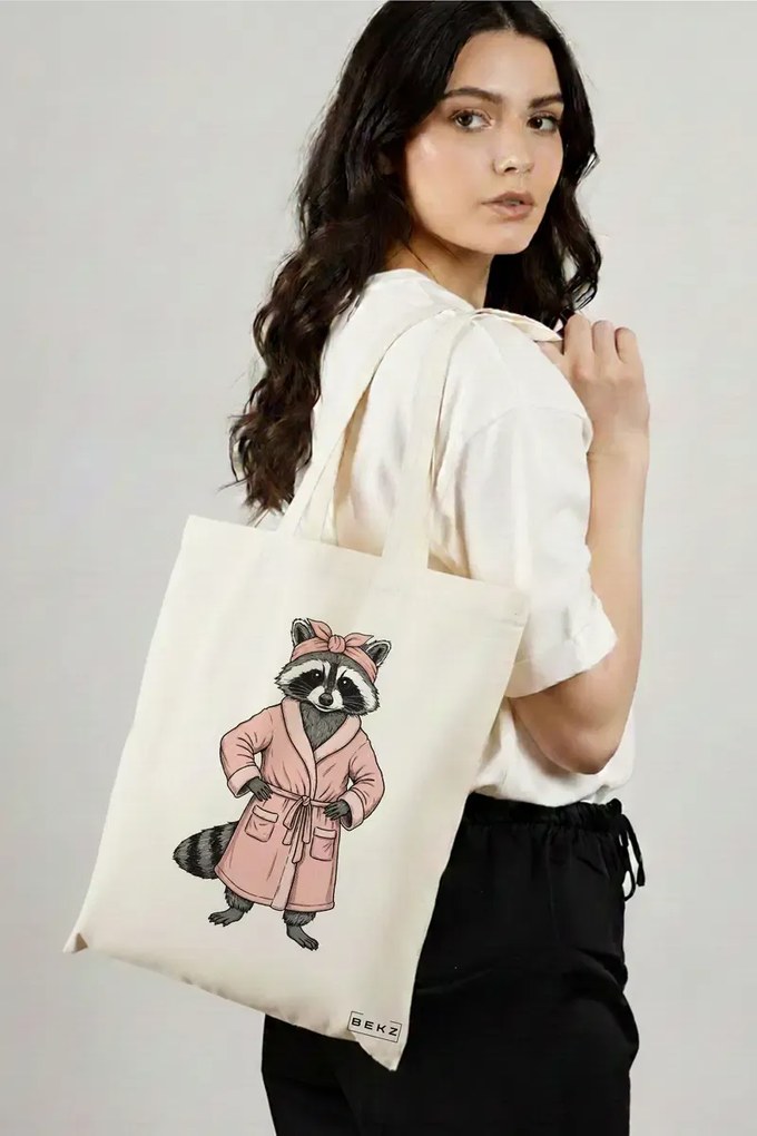 Sacosa de Panza pentru Cumparaturi, Geanta Tote, model The cozy bandit 38 x 34.5 cm, Alba, BEKZ®