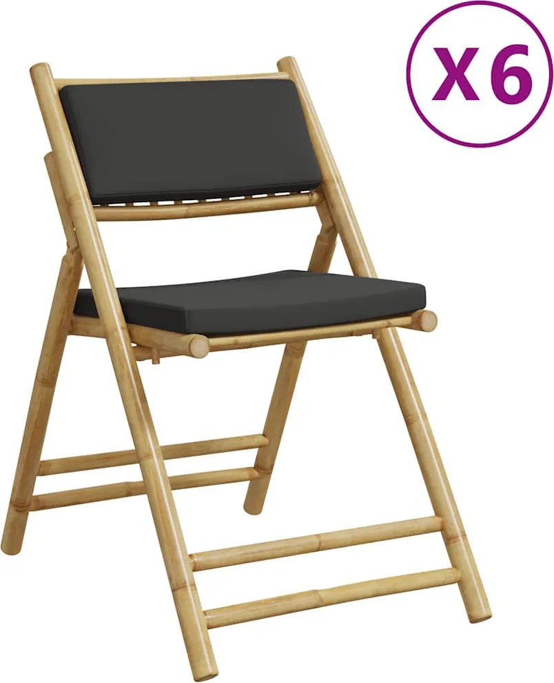 vidaXL Scaune bistro pliabile, 6 buc., cu perne gri închis, bambus