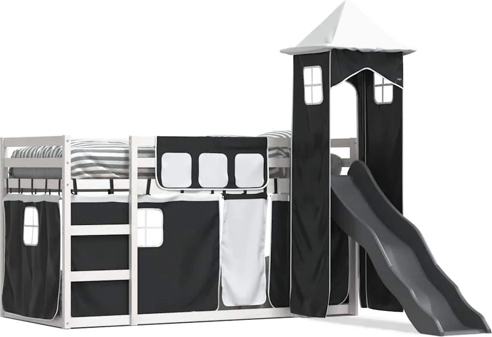 vidaXL Pat supraetajat cu tobogan și perdele, alb și negru, 80x200 cm