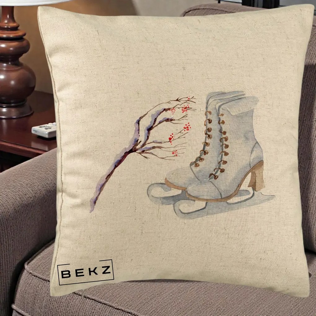 Perna Decorativa Patine cu Ramuri Inzapezite, 40x40 cm, Bej, Husa Detasabila, Perna Inclusa, BEKZ®