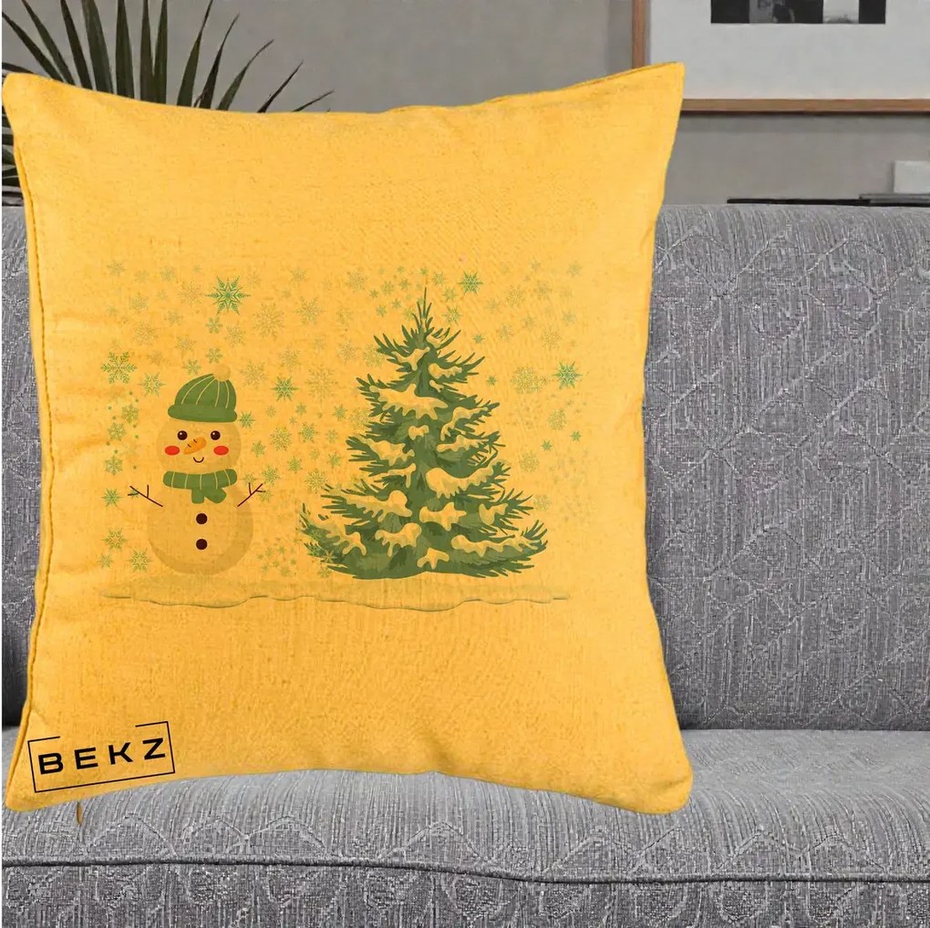 Perna Decorativa Om de Zapada si Brad Craciun, 40x40 cm, Galben, Husa Detasabila, Perna Inclusa, BEKZ®