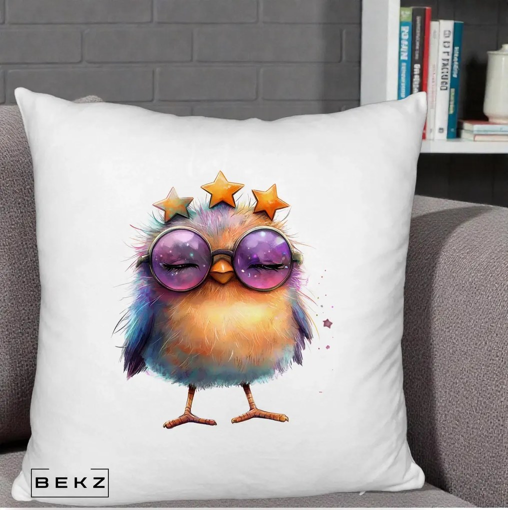 Perna Decorativa Pui Pop Star cu Ochelari Stele Violet, 40x40 cm, Alb Pufos, Husa Detasabila, Perna Inclusa, BEKZ®