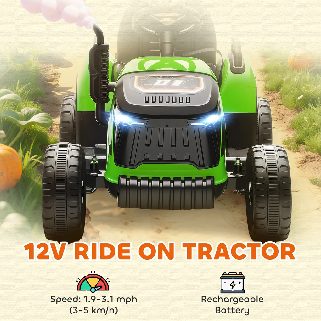 AIYAPLAY Tractor Electric 2 în 1 pentru Copii 3-8 Ani 12V cu Remorcă Detașabilă, Mașină Electrică pentru Copii cu Telecomandă, Centură de Siguranță, Muzică, Lumini LED și Claxon, Verde | Aosom Romania