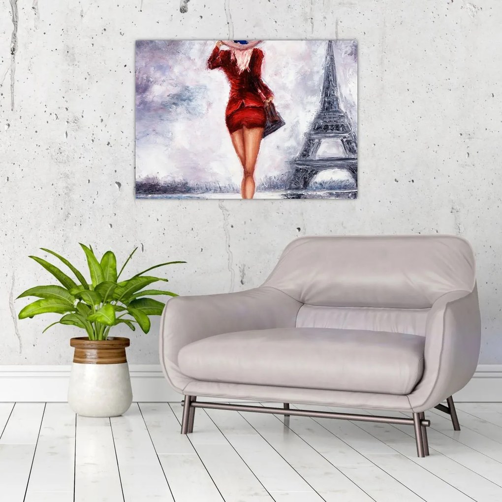 Tablou pe sticlă - Femeie și Turnul Eiffel (70x50 cm)