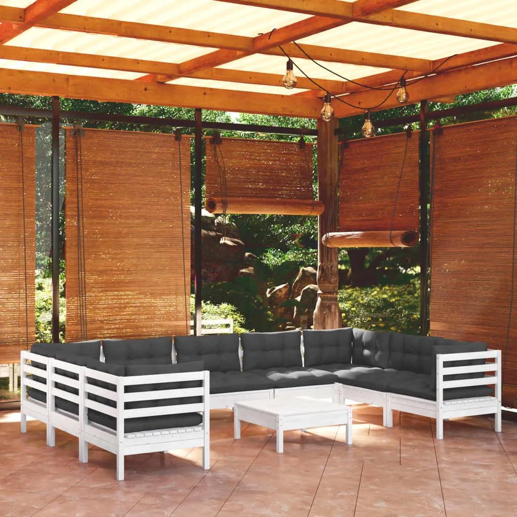 3097326 vidaXL Set mobilier de grădină cu perne, 10 piese, alb, lemn masiv pin