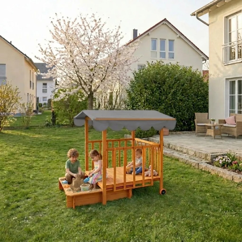 Zonă cu nisip și verandă HAPPY, 130 x 130 x 143 cm, din masiv de pin, maro gri Jurhan