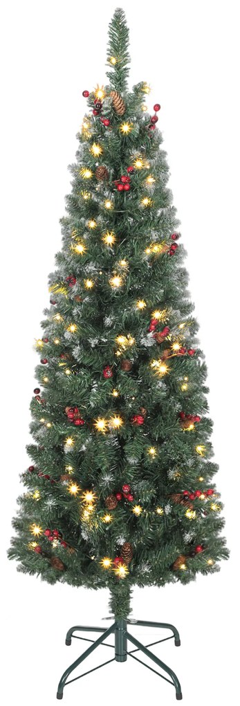 HOMCOM Pom de Crăciun Subțire 150 cm Artificial, Lumini Incorporate în 8 Moduri, 311 Ramuri Dense Ignifuge Înzăpezite, 30 Conuri de Pin și 30 Ciorchini de Boabe, Pom de Crăciun Înalt și Strâmt cu Bază din Metal | Aosom Romania