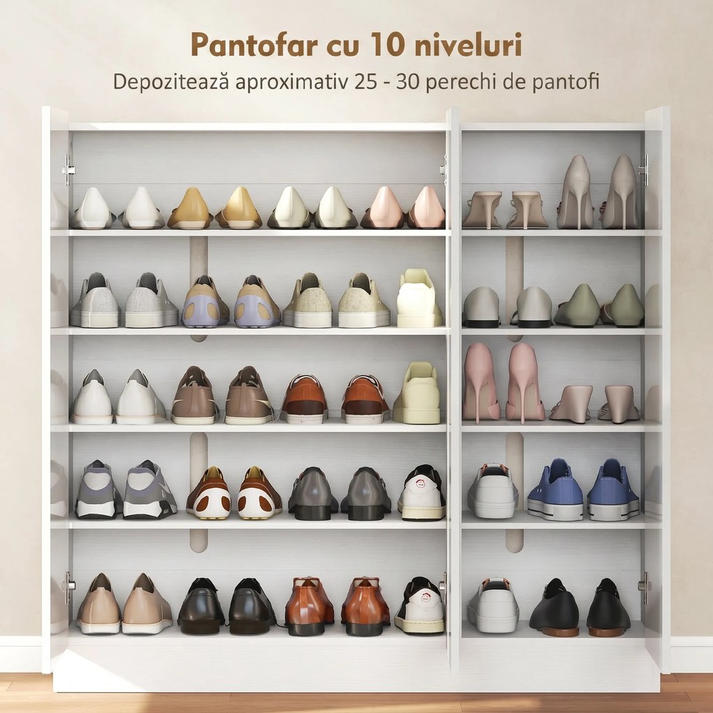 HOMCOM Dulap de Pantofi pentru 25-30 de Pantofi cu Uși Amortizate, Alb Lucios | Aosom Romania