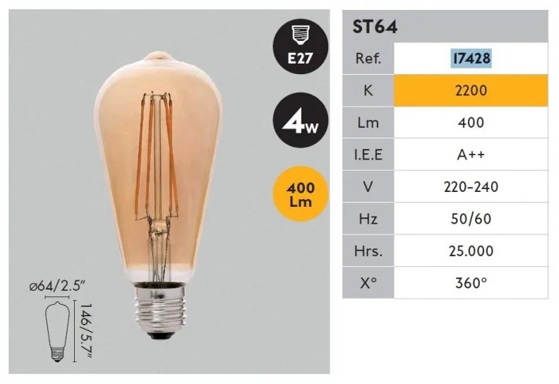 Bec LED E27 DECORATIV FILAMENT AMBER 4W 2200K 17428