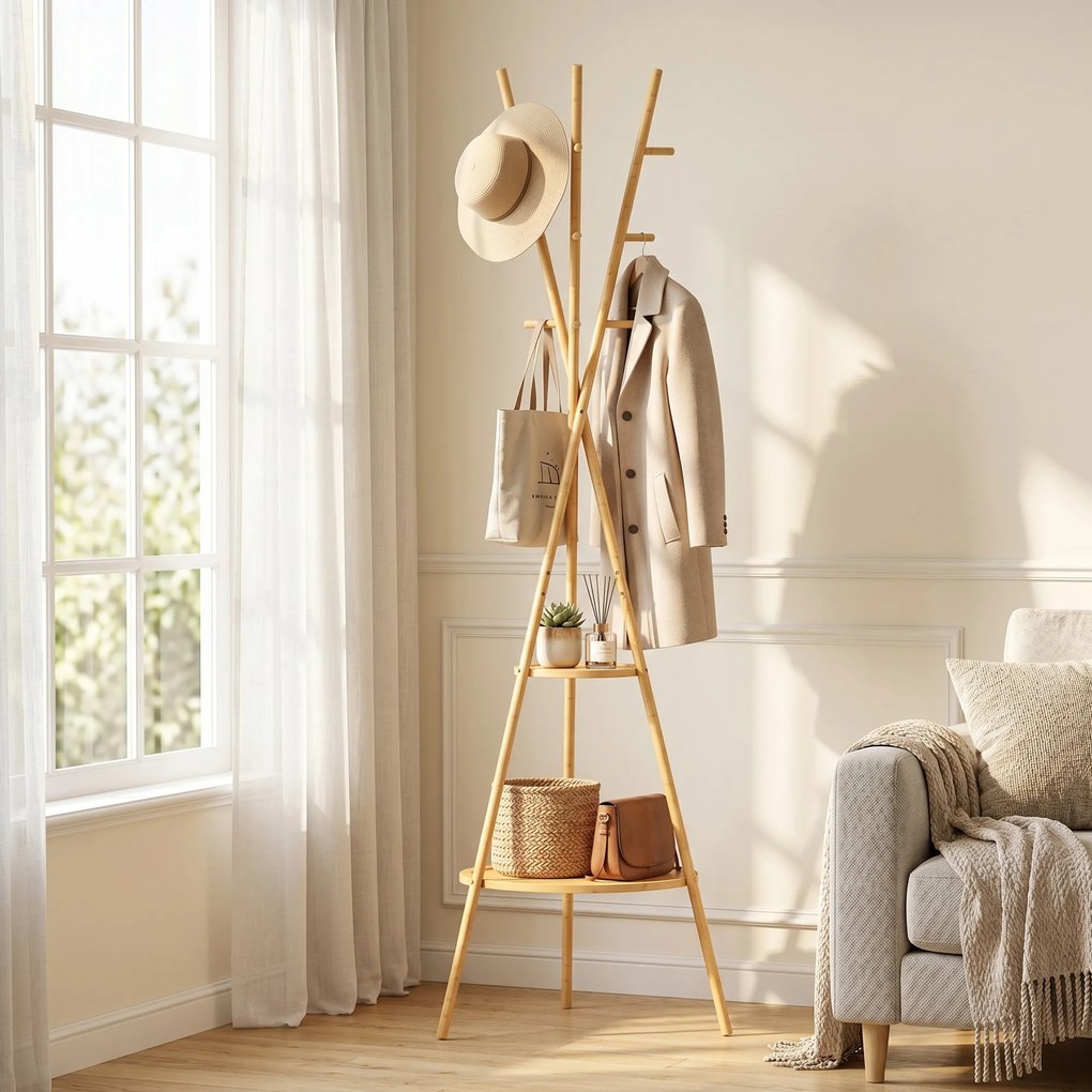 HOMCOM Cuier freestanding cu 9 cârlige și 2 polițe pentru intrare, lemn natural | Aosom Romania