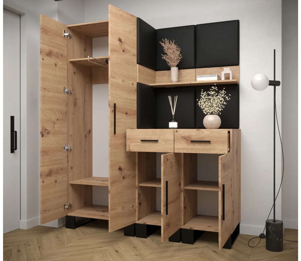 Set mobilier pentru hol Amanda 7 (Stejar artisan + piele ecologică Negru). 1085919