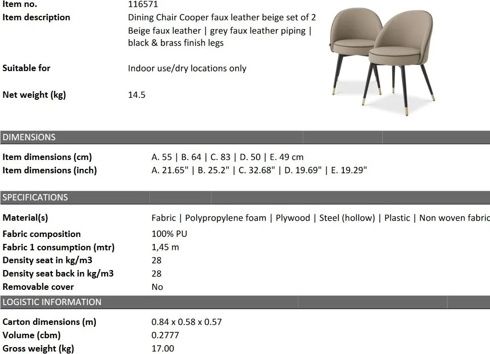 Set de 2 scaune design LUX Cooper, piele sintetica bej