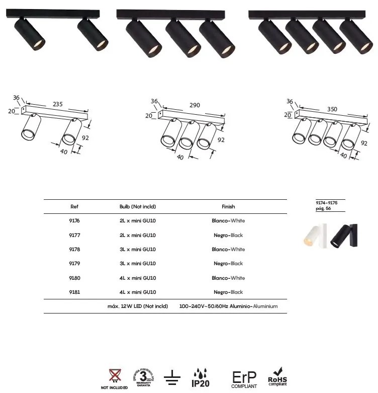 Plafoniera cu 4 spoturi GU10 directionabile NAZARE negru