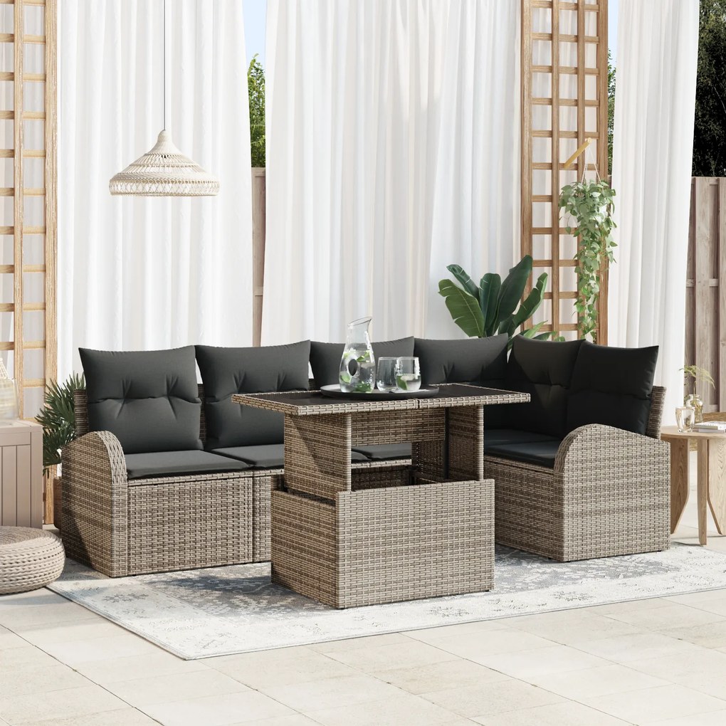 vidaXL Set de canapea de grădină cu 6 piese și perne gri din poly rattan