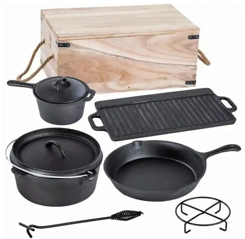 Set BBQ 6+1 piese în cutie de lemn, fontă, Perfect Home 28340