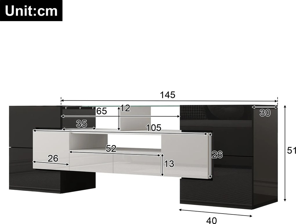Dulap TV cu iluminare LED, suprafețe din sticlă, cu 6 uși, 2 sertare și 3 compartimente, 145x30x51 cm, Alb+Negru